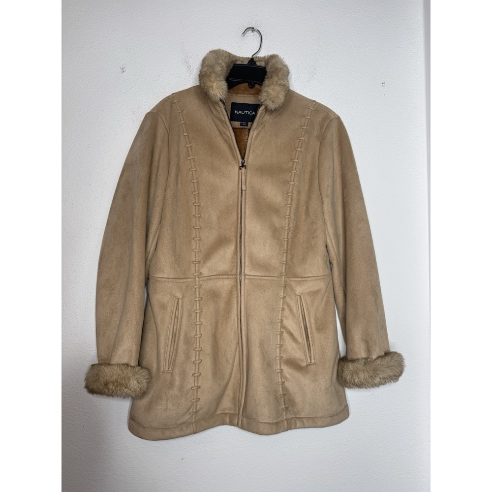 Y2K Nautical Women's Pennylane Faux Suede Jacket Med Fur Collar & Cuffs Tan Coat